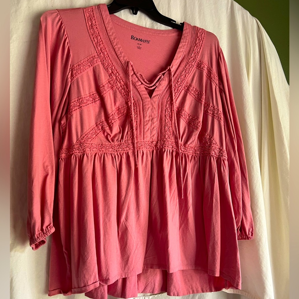 Roaman's V-Neck Tie Blouse 60% Cotton 40% Rayon, Plus Size 18/20